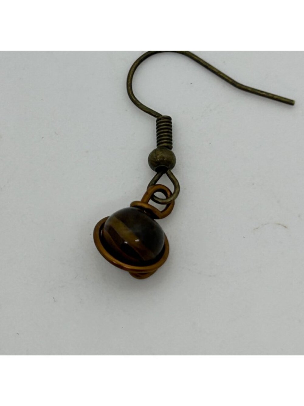 Handmade Tiger Eye Earrings, Bronze Tone Wire-Wrapped Gemstone Bead Dangle Drop - Picture 4 of 10